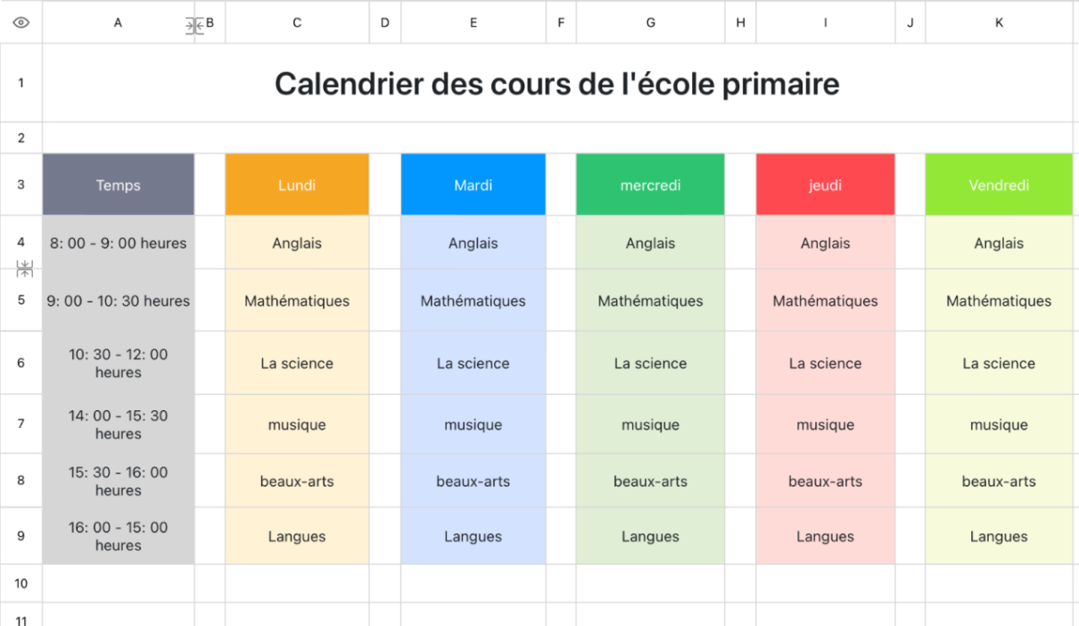 Calendrier des cours de l'école primaire